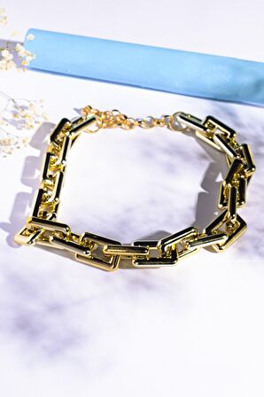 Gold Dikdörtgen Kalın Zincir Kolye, Choker Kolye