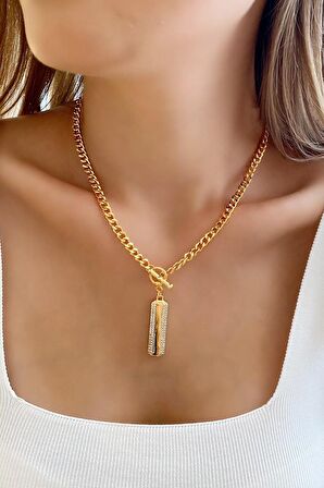 Altın Kaplama Zirkon Taşlı Plaka Kolye, Choker Kolye