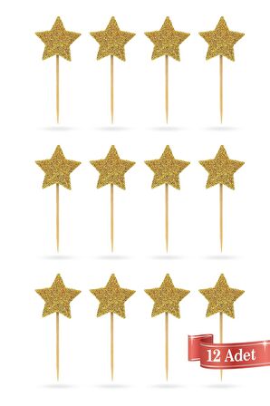 Gold Yıldız Simli Eva Kürdan Cupcake Toppers Cupcake Çubuğu 12'li