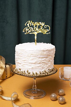 Gold Happy Birthday Yazılı Ayna Pleksi Pasta Üstü & Doğum Günü Partisi & Pleksi Pasta Süsü