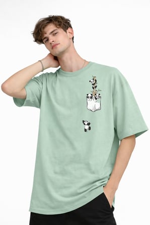 Panda - Baskılı Oversize Tişört SU YESILI