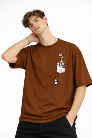 Panda - Baskılı Oversize Tişört KAHVE