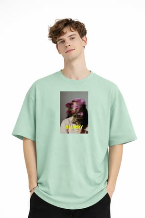 Blurry - Oversize Erkek Tişört SU YESILI