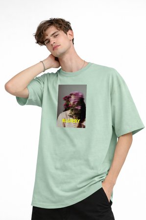 Blurry - Oversize Erkek Tişört SU YESILI