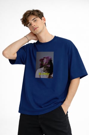 Blurry - Oversize Erkek Tişört Koyu Mavi