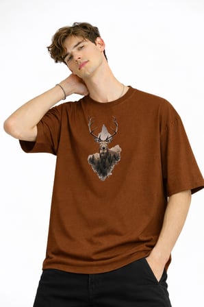 Deer - Oversize Erkek Tişört KAHVE