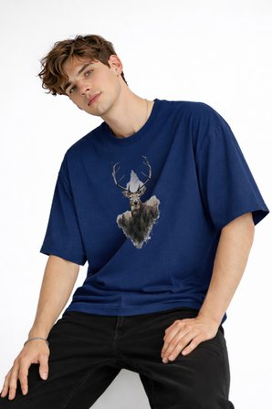 Deer - Oversize Erkek Tişört Koyu Mavi