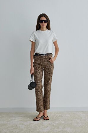 Kahverengi Leopar Crop Pantolon