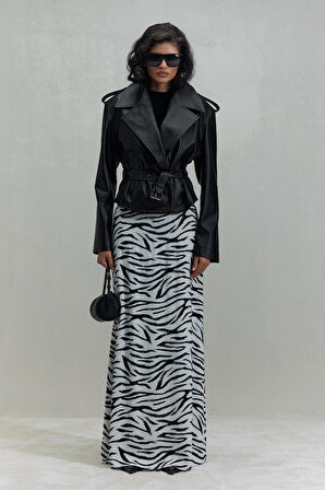 Beyaz Zebra Maxi Saten Etek
