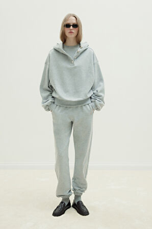 Gri Gala Düğmeli Oversize Sweatshirt