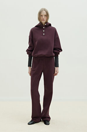 Mürdüm Gala Düğmeli Oversize Sweatshirt
