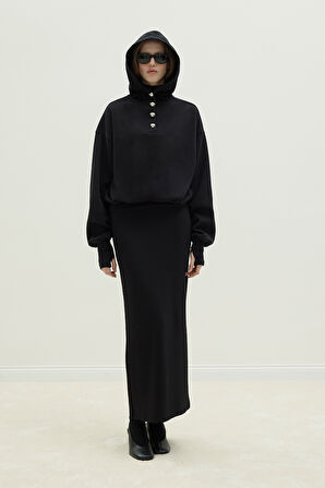 Siyah Gala Düğmeli Oversize Sweatshirt