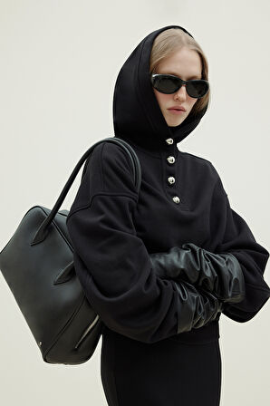 Siyah Gala Düğmeli Oversize Sweatshirt