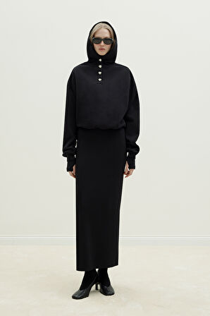 Siyah Gala Düğmeli Oversize Sweatshirt