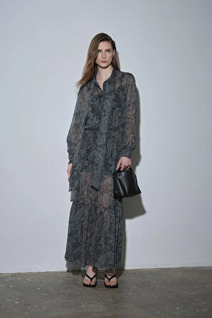 Yeşil Demi Desenli Bohem Elbise