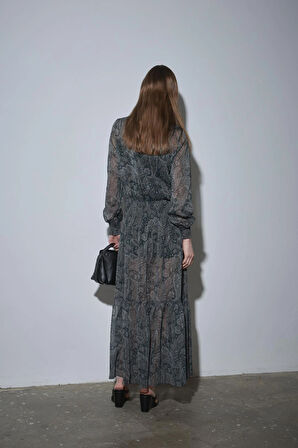 Yeşil Demi Desenli Bohem Elbise