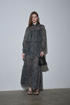 Yeşil Demi Desenli Bohem Elbise