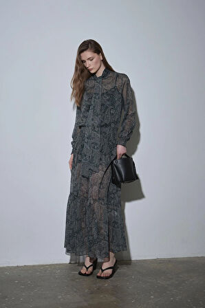 Yeşil Demi Desenli Bohem Elbise