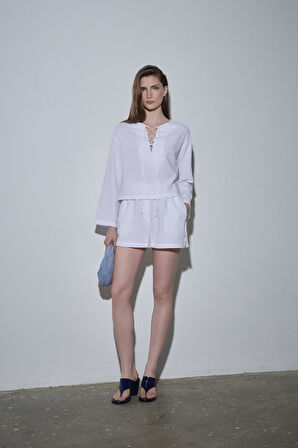 Beyaz Zoe Basic Keten Şort