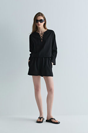 Siyah Zoe Basic Keten Şort