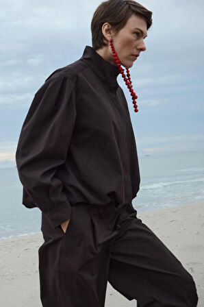 Kahverengi Khole Dik Yaka Balon Ceket