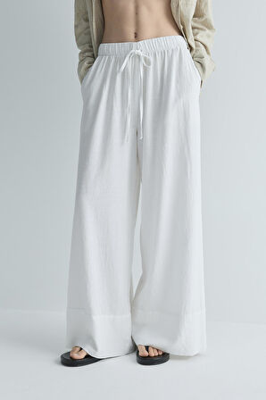 Beyaz Serin Palazzo Keten Pantolon