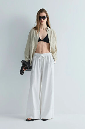 Beyaz Serin Palazzo Keten Pantolon