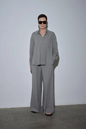 Gri Serin Oversize Keten Gömlek