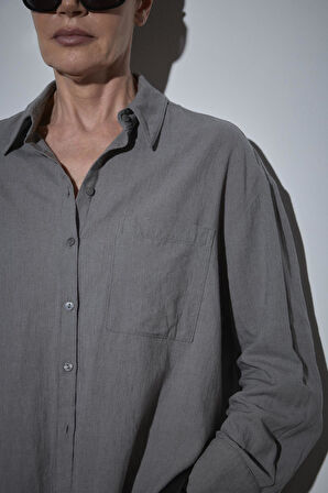 Gri Serin Oversize Keten Gömlek