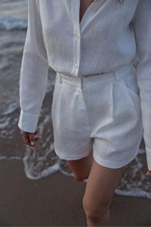 Beyaz %100 Keten Nora Pileli Şort