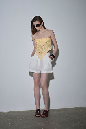 Beyaz %100 Keten Nora Pileli Şort