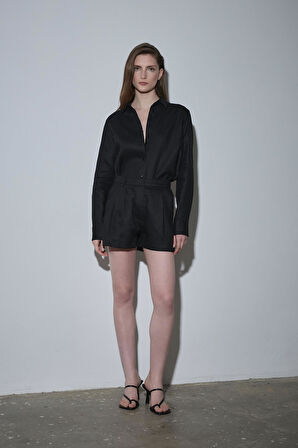 Siyah %100 Keten Nora Pileli Şort