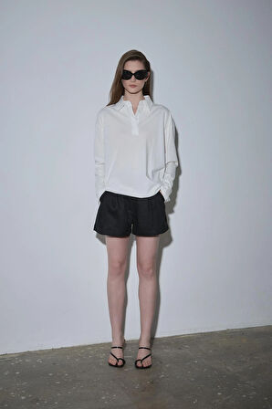 Siyah %100 Keten Nora Pileli Şort