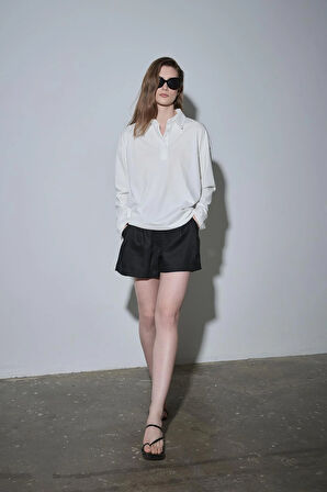 Siyah %100 Keten Nora Pileli Şort