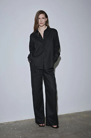 Siyah %100 Keten Nora Pileli Pantolon