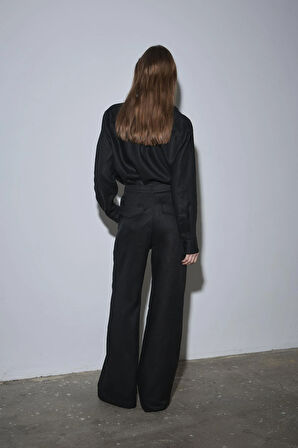 Siyah %100 Keten Nora Pileli Pantolon