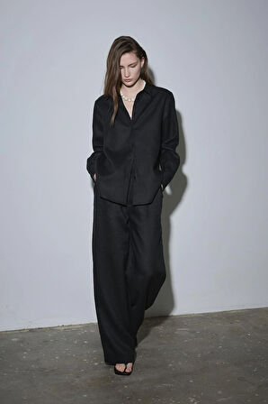 Siyah %100 Keten Nora Pileli Pantolon