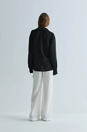 Siyah Lino Bağlamalı Keten Gömlek