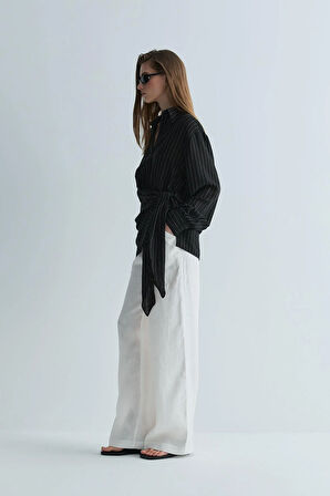 Siyah Lino Bağlamalı Keten Gömlek