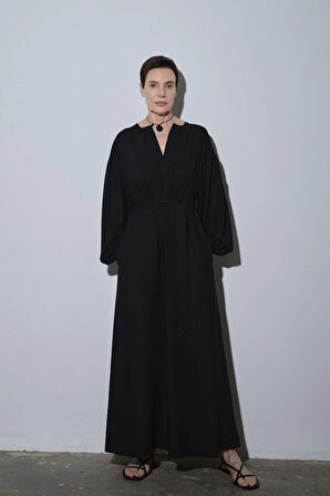 Siyah Meggie V Yaka Uzun Elbise