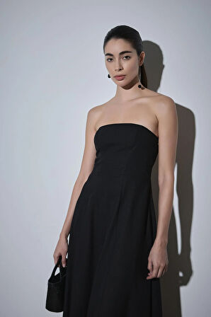 Siyah Melinda Askılı Keten Elbise