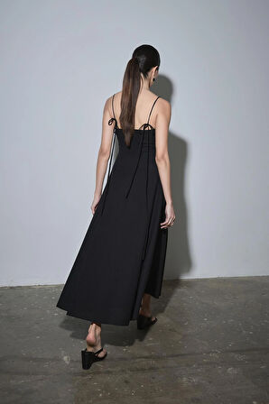 Siyah Melinda Askılı Keten Elbise
