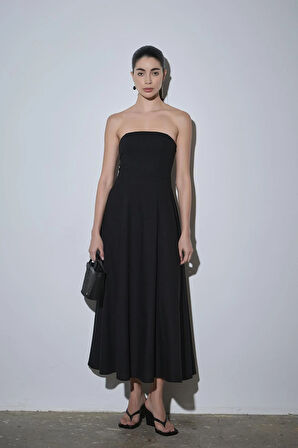 Siyah Melinda Askılı Keten Elbise