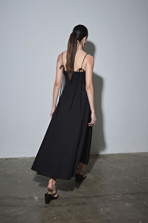 Siyah Melinda Askılı Keten Elbise