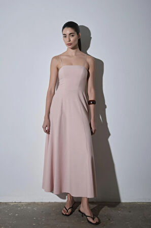 Pudra Melinda Askılı Keten Elbise