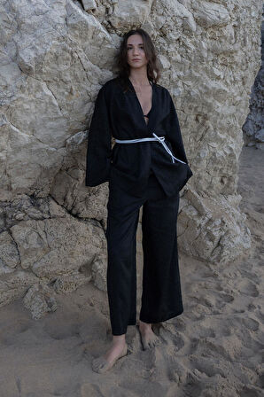 Siyah %100 Keten Eleni Kimono