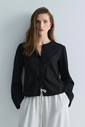 Siyah Lizi Keten Gömlek