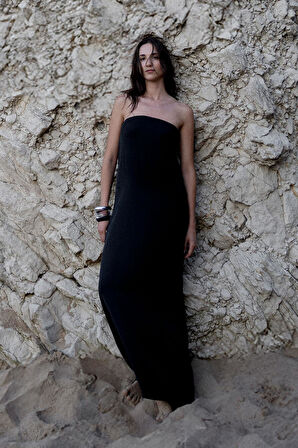 Siyah Kay Straplez Tensel Elbise