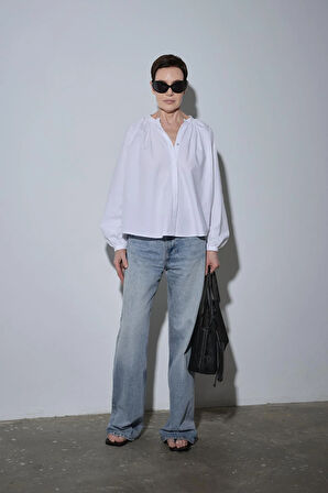 Beyaz Lena Balon Kol Gömlek