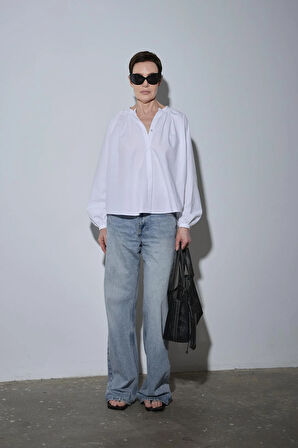 Beyaz Lena Balon Kol Gömlek